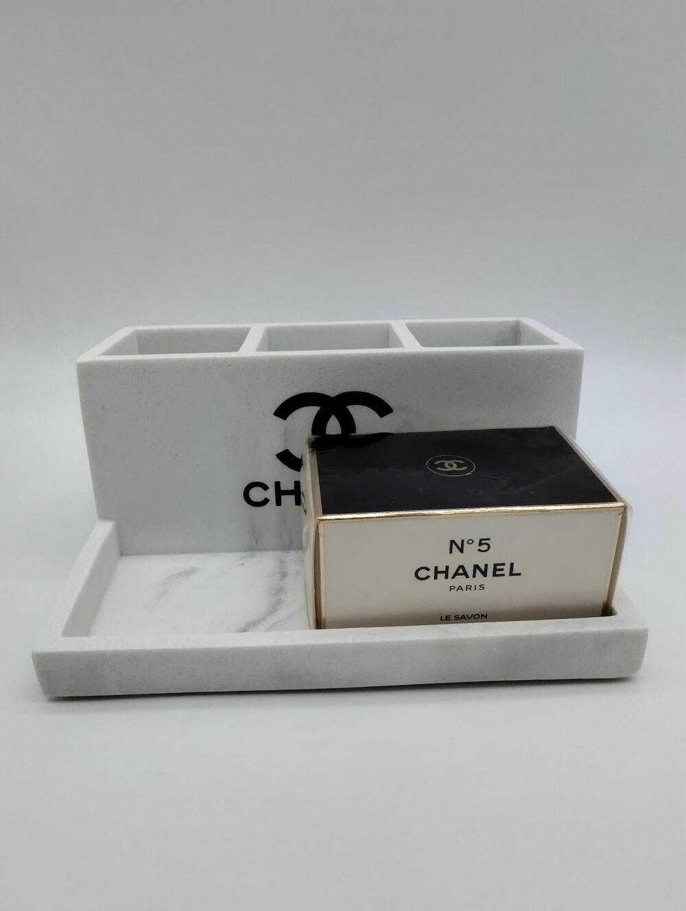 CHANEL N°5 Le Savon Sealed Bath Soap NWT + Marble Vanity Organizer Set - Picture 10 of 11